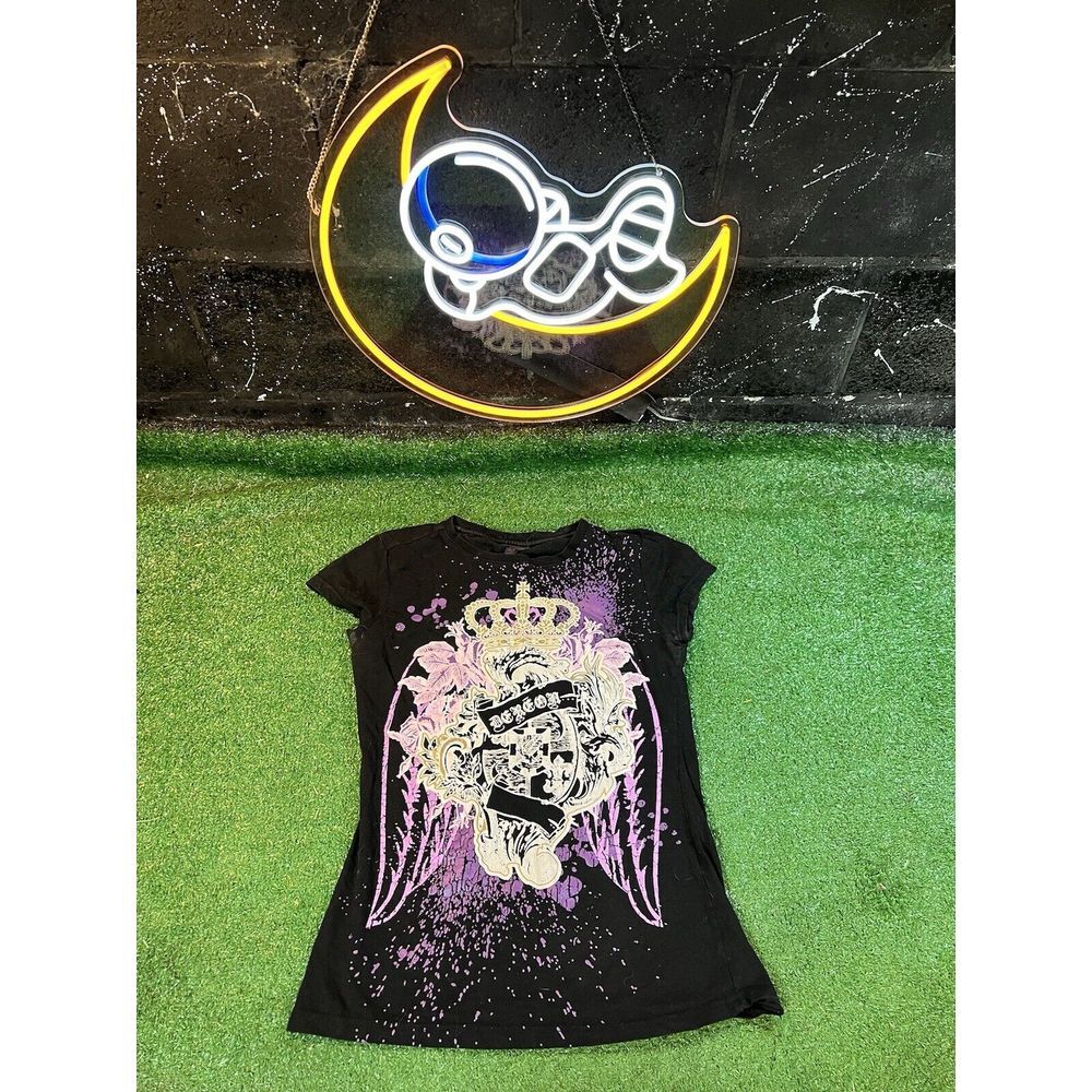 Vintage Y2K Dereon Women's Black Graphic Tee Gold&Purple Design 1/4 Sleeve Sz. L